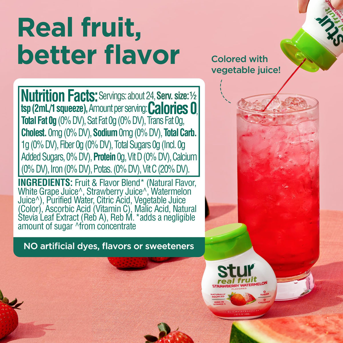 Stur being poured into a glass demonstrates quick hydration with flavorful strawberry-watermelon notes.