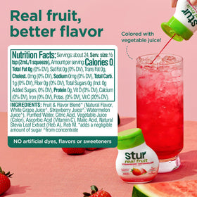 Stur being poured into a glass demonstrates quick hydration with flavorful strawberry-watermelon notes.