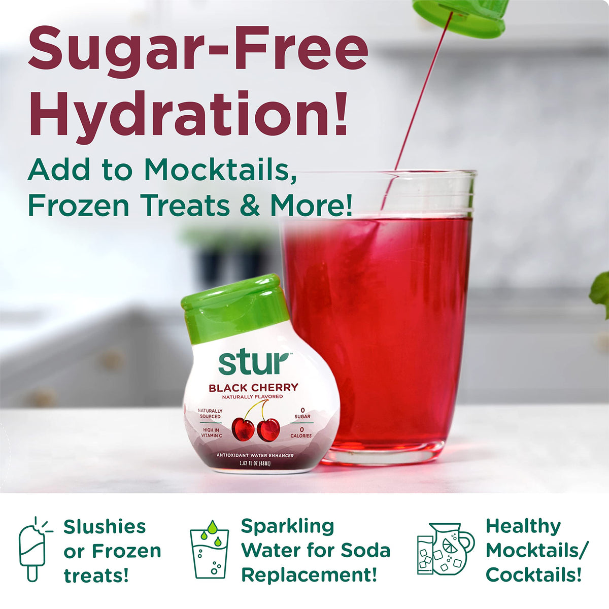 Stur LWE Black Cherry bottle with glass of water, refreshing hydration for daily moments.