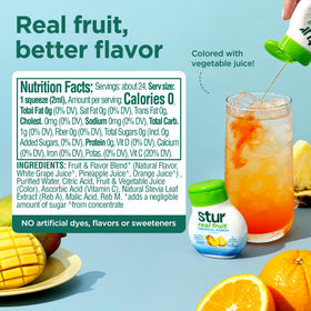 Stur Tropical Punch label detail highlights Vitamin C and zero sugar.