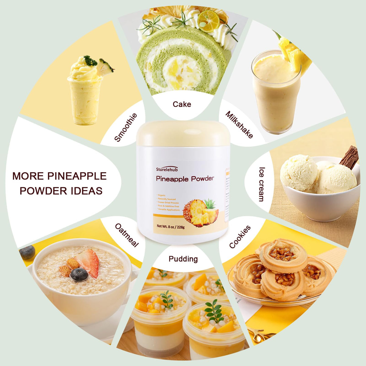 Sturelehub Pineapple Powder displayed with a bright dessert, gluten-free option.