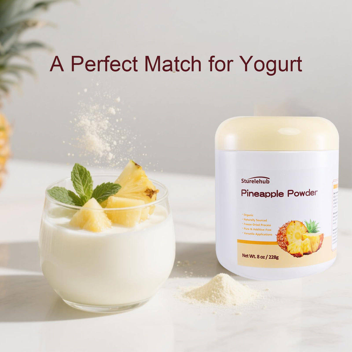 Sturelehub Pineapple Powder sprinkled over yogurt for a fruity topping.