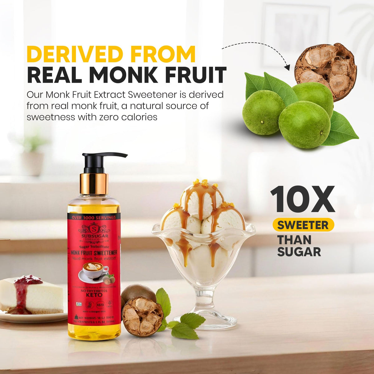 SUBSUGAR Monk Fruit Drops with baked goods for sugar-free treats.