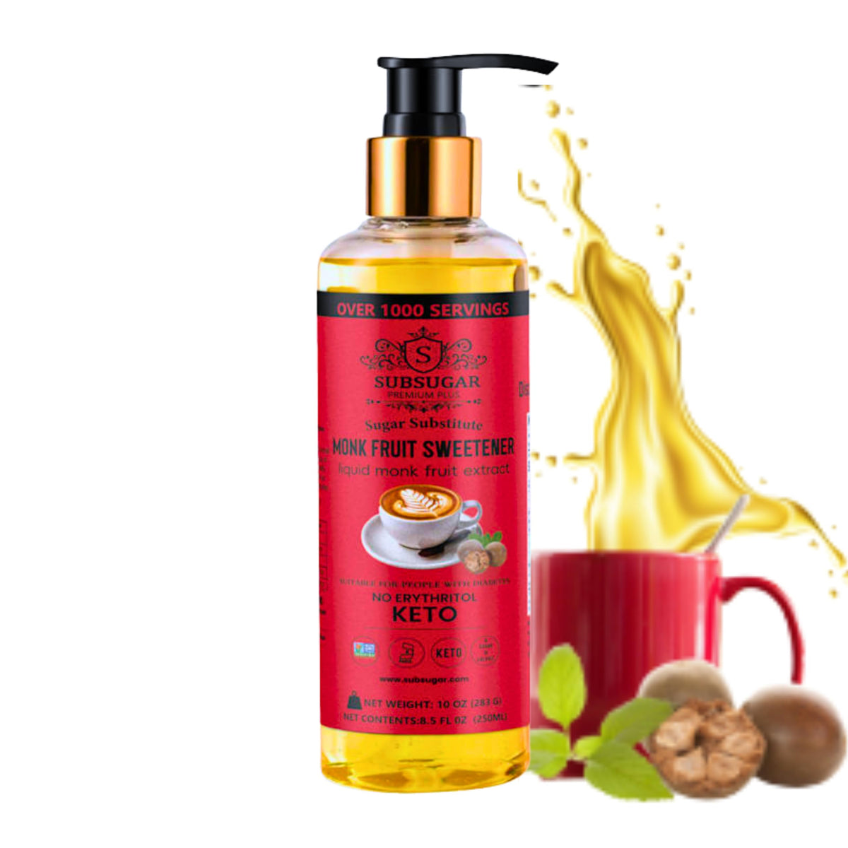 SUBSUGAR Monk Fruit Drops bottle with pump for easy sugar-free sweetening.