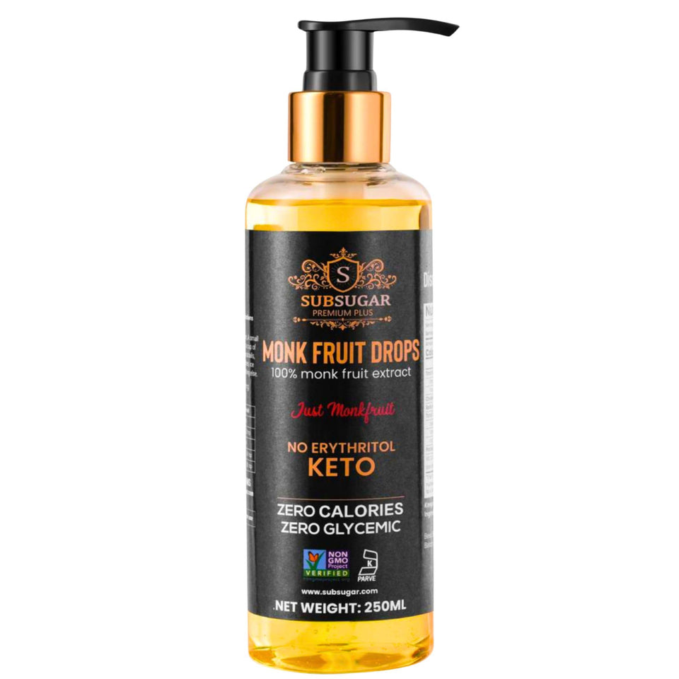 SubSugar Monk Fruit liquid bottle with pump for precise sweetness in coffee.