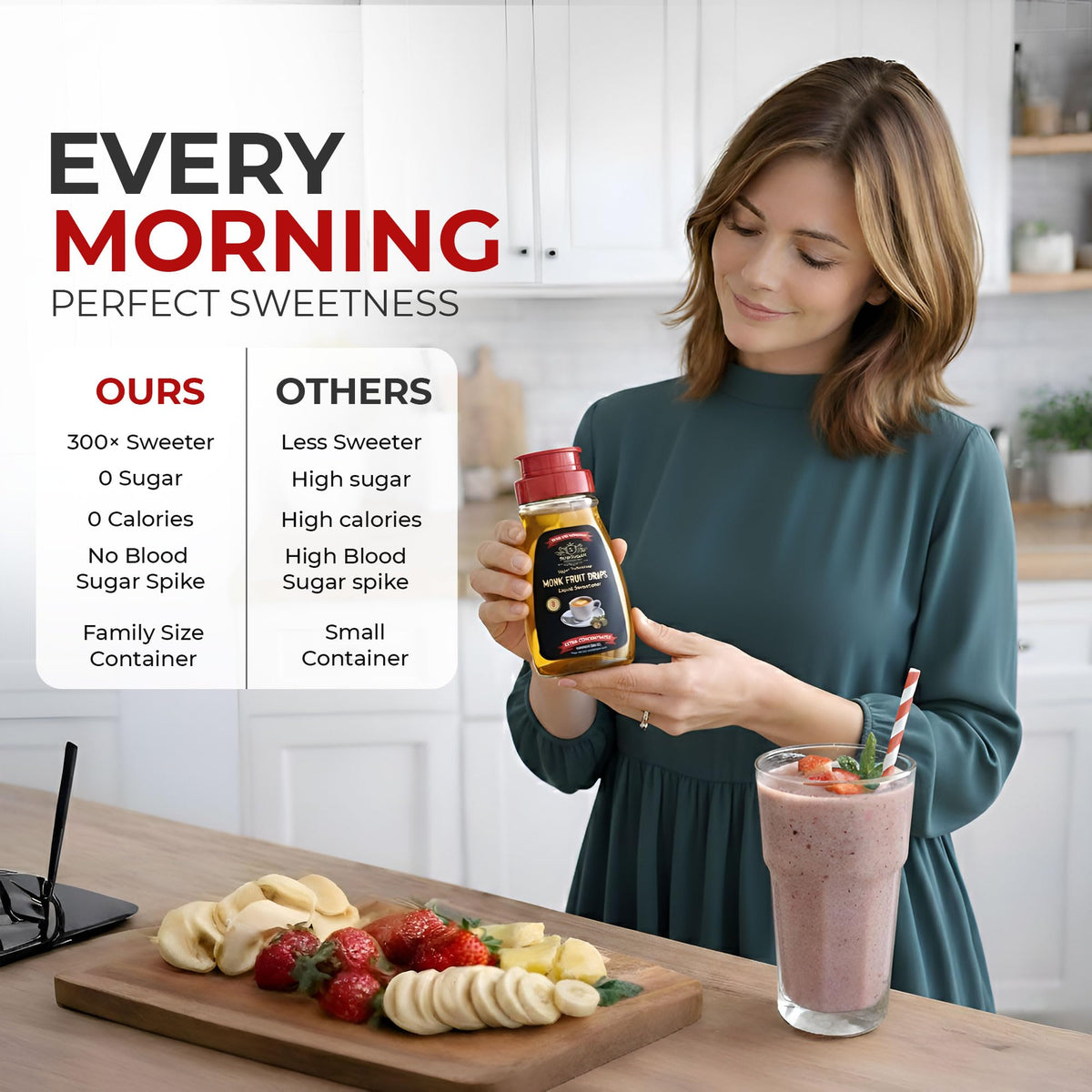SUBSUGAR Zero-Calorie Syrup bottle closeup showing sleek design and convenient storage