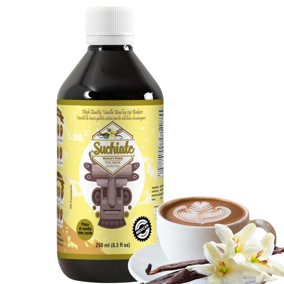 Suchiate Mexico's Finest vanilla extract bottle showcases pure vanilla aroma for baking.