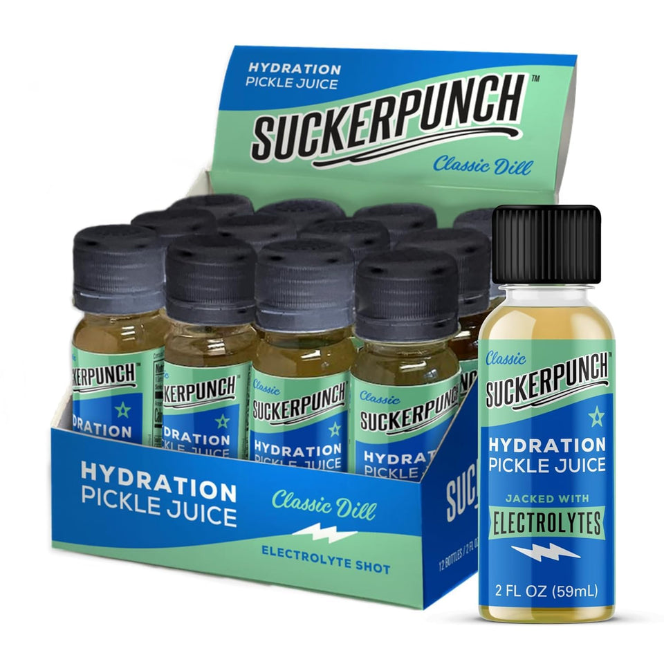 SUCKERPUNCH Electrolyte Pickle Shot bottle for quick hydration and cramp relief.
