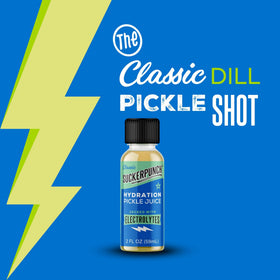 SUCKERPUNCH pickle juice shot pour showing bold flavor and on-the-go hydration.