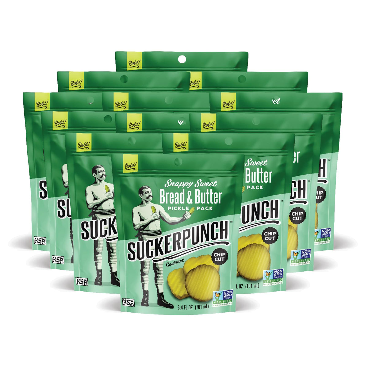 SuckerPunch dill chip-cut pickles in a pouch, a crunchy on-the-go snack