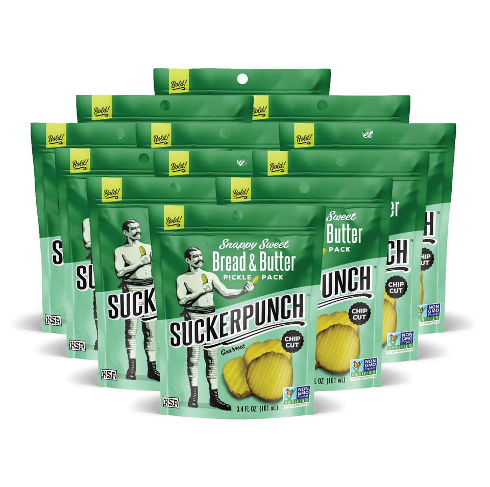 SuckerPunch dill chip-cut pickles in a pouch, a crunchy on-the-go snack