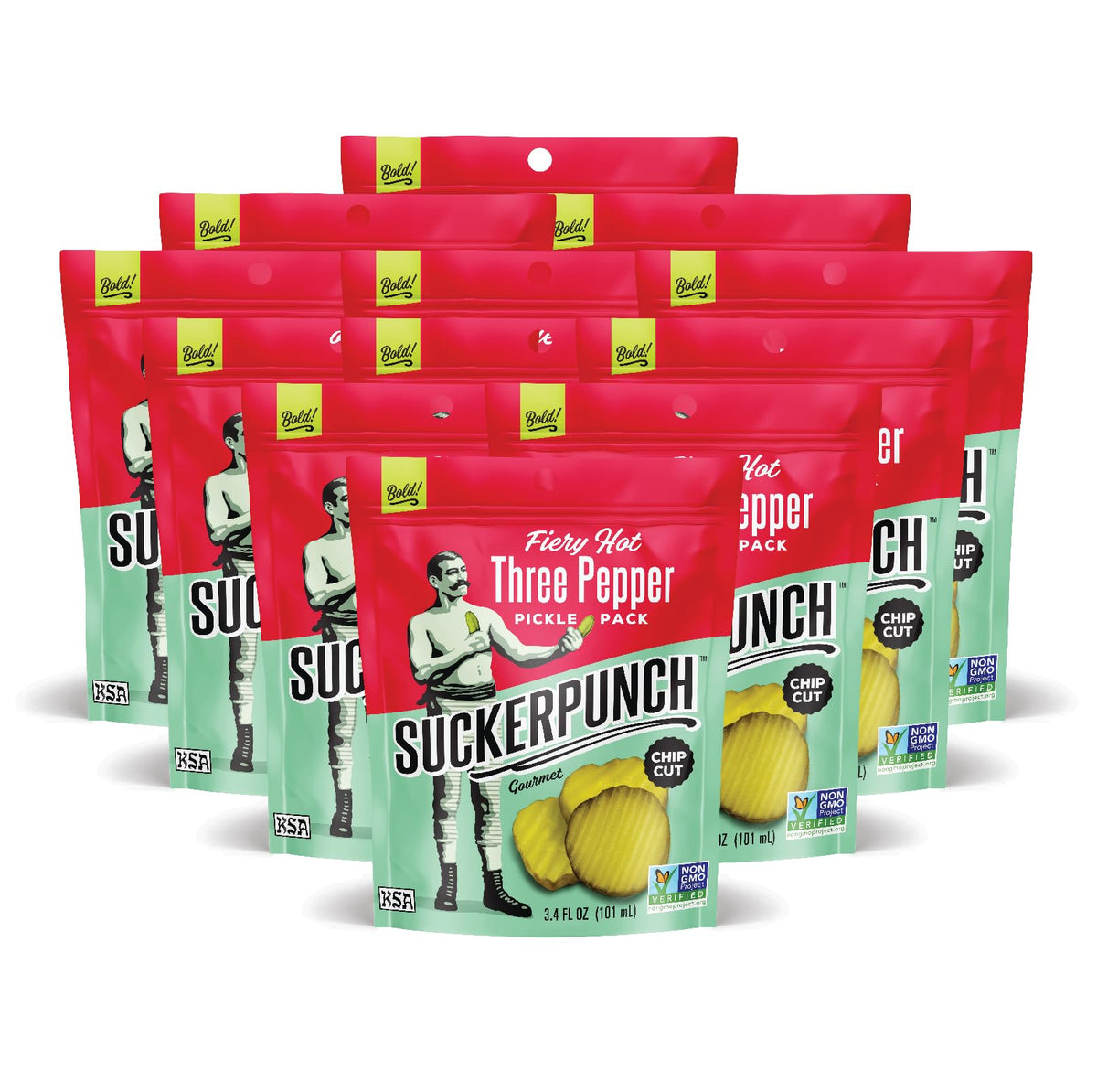 SuckerPunch dill chip-cut pickles in a pouch for crisp snacking and flavor