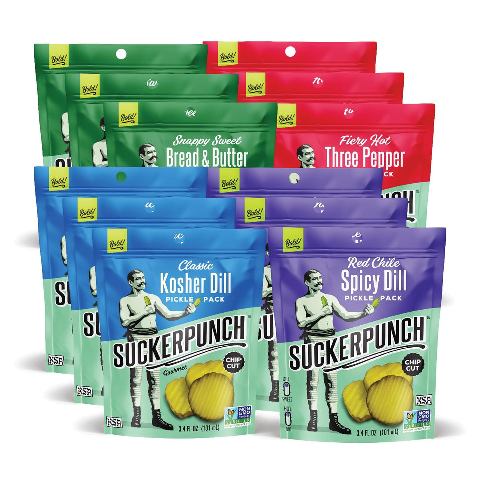 SuckerPunch pickles pouch shows four flavors for ready-to-eat snacking