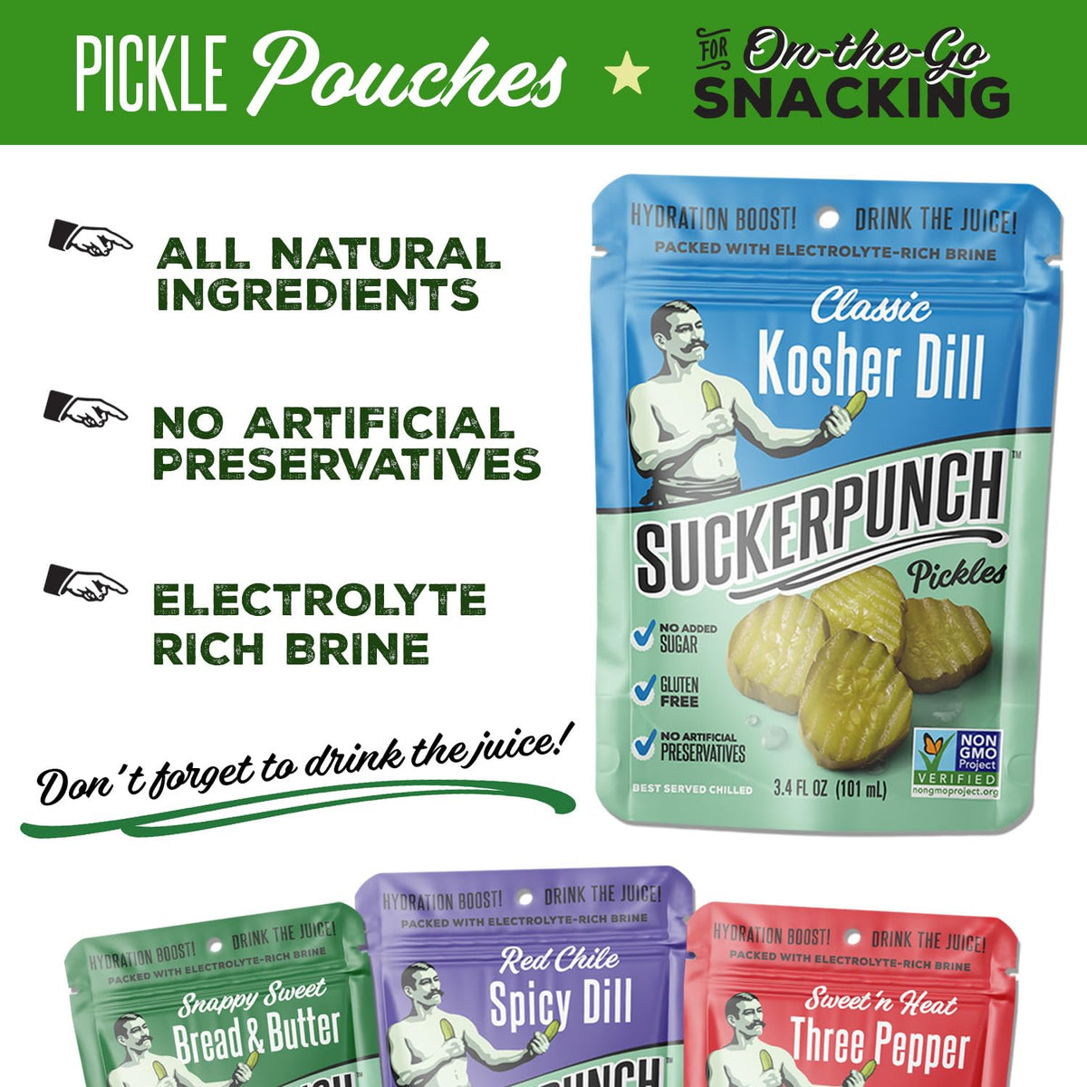 SuckerPunch dill pickles pouch ready-to-eat, ideal for lunchboxes