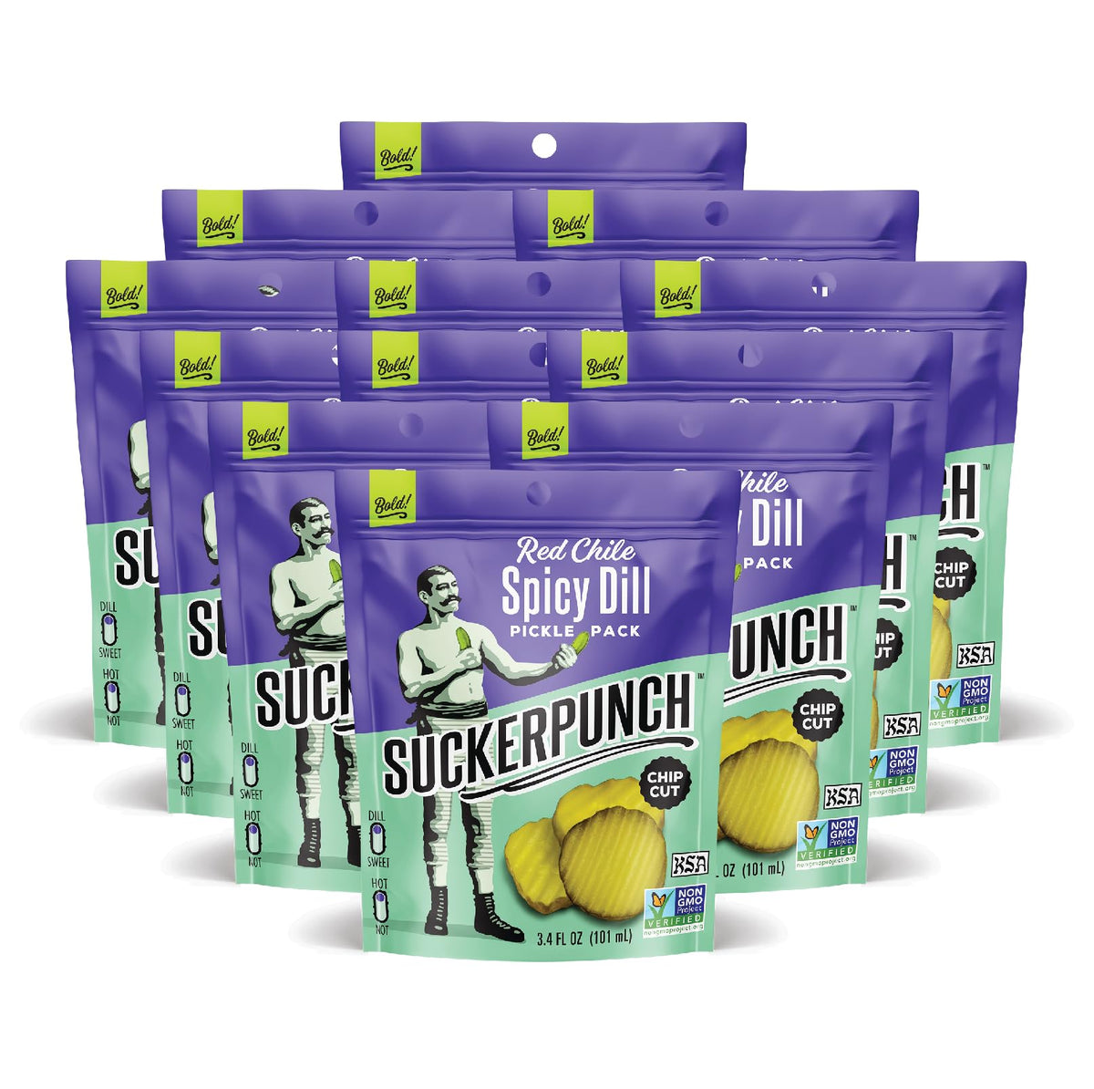 SuckerPunch dill chip-cut pickles in a pouch with red chile spicy flavor for on the go