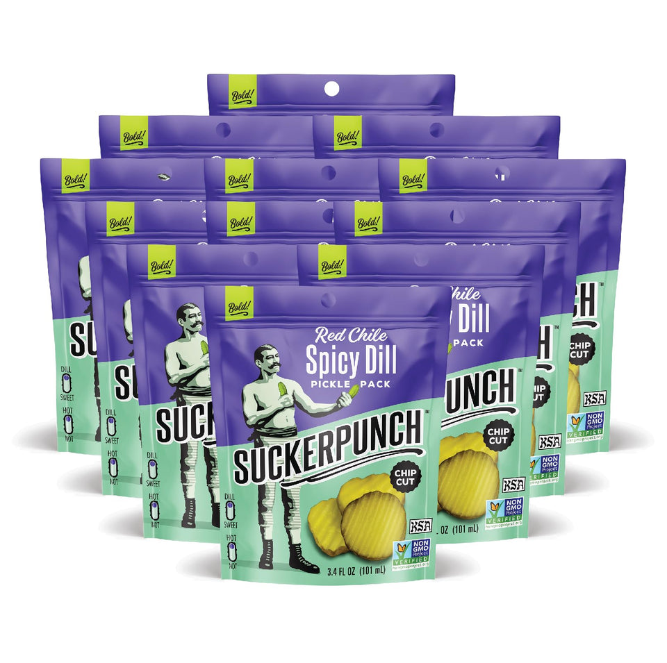 SuckerPunch dill chip-cut pickles in a pouch with red chile spicy flavor for on the go