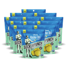 SuckerPunch Pickles in a Pouch variety pack with bold dill flavor for on-the-go snacking.