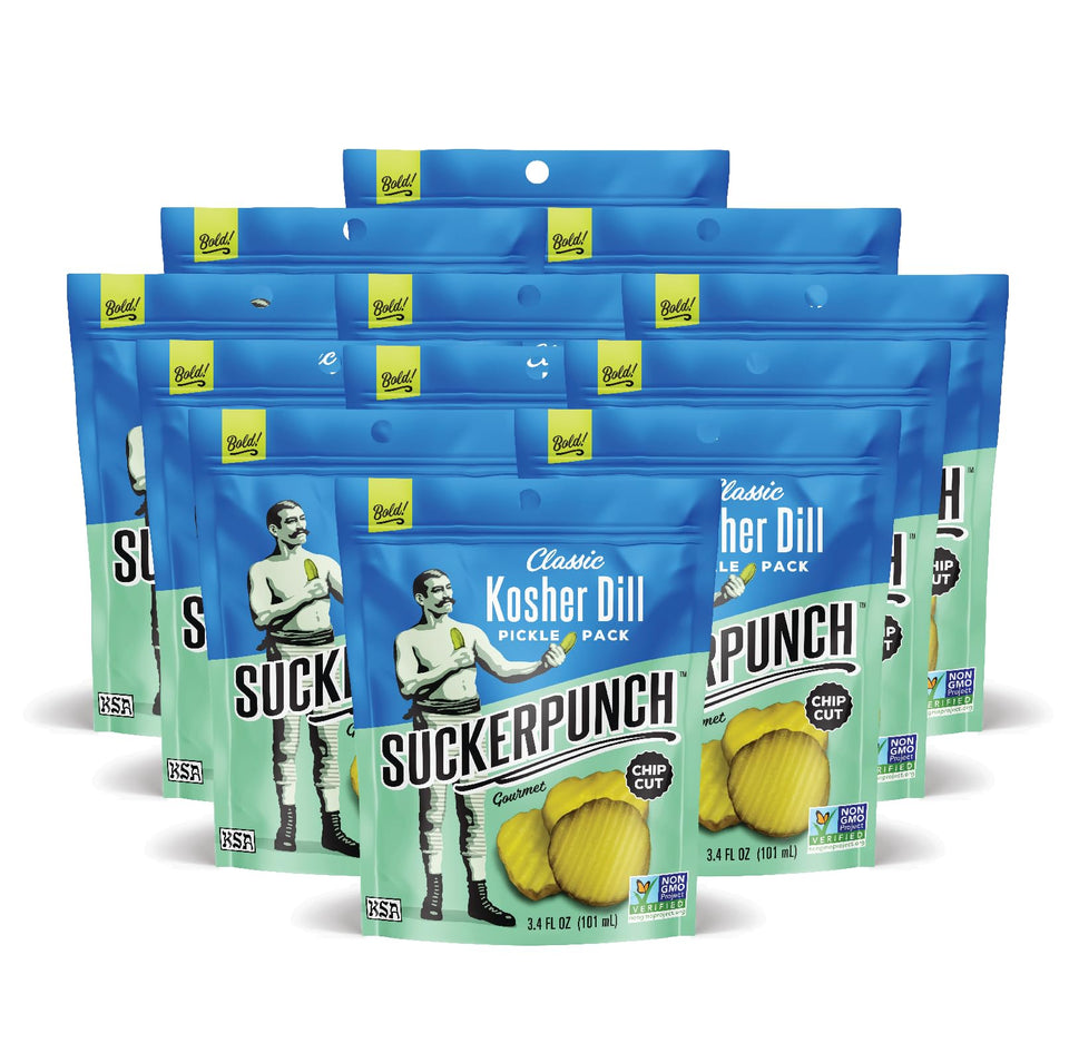 SuckerPunch Pickles in a Pouch variety pack with bold dill flavor for on-the-go snacking.