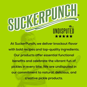 SUCKERPUNCH spicy dill flavor packaging highlighting bold taste and grab-and-go snack.
