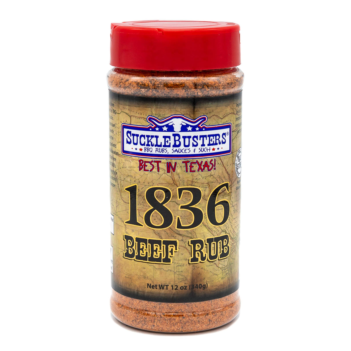 SuckleBusters 1836 Beef Rub front label, ready for bold Texas flavor