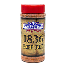 SuckleBusters 1836 Beef Rub front label, ready for bold Texas flavor