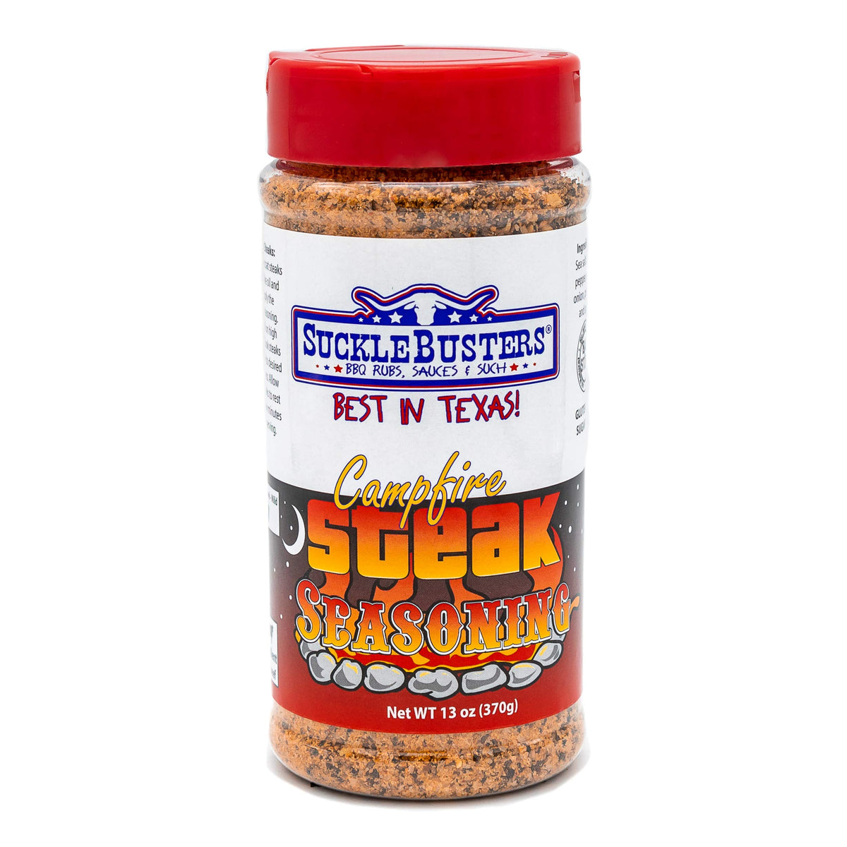 SuckleBusters Campfire Steak Seasoning shaker ready for grill use, enhances flavor