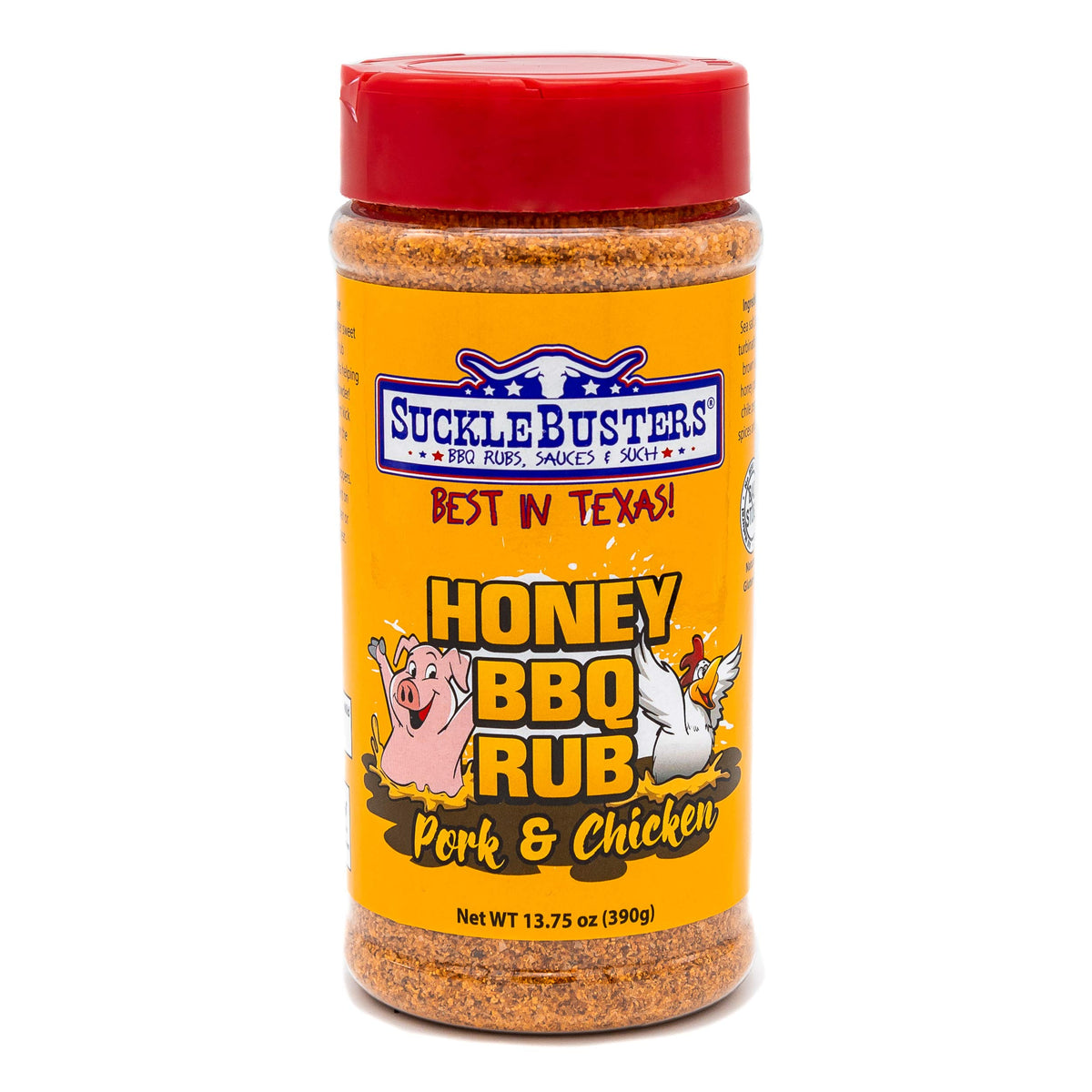 SuckleBusters Honey BBQ Rub jar on counter showing gluten-free, no MSG seasoning for pork and chicken.