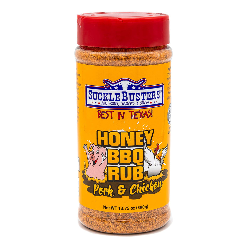 SuckleBusters Honey BBQ Rub jar on counter showing gluten-free, no MSG seasoning for pork and chicken.
