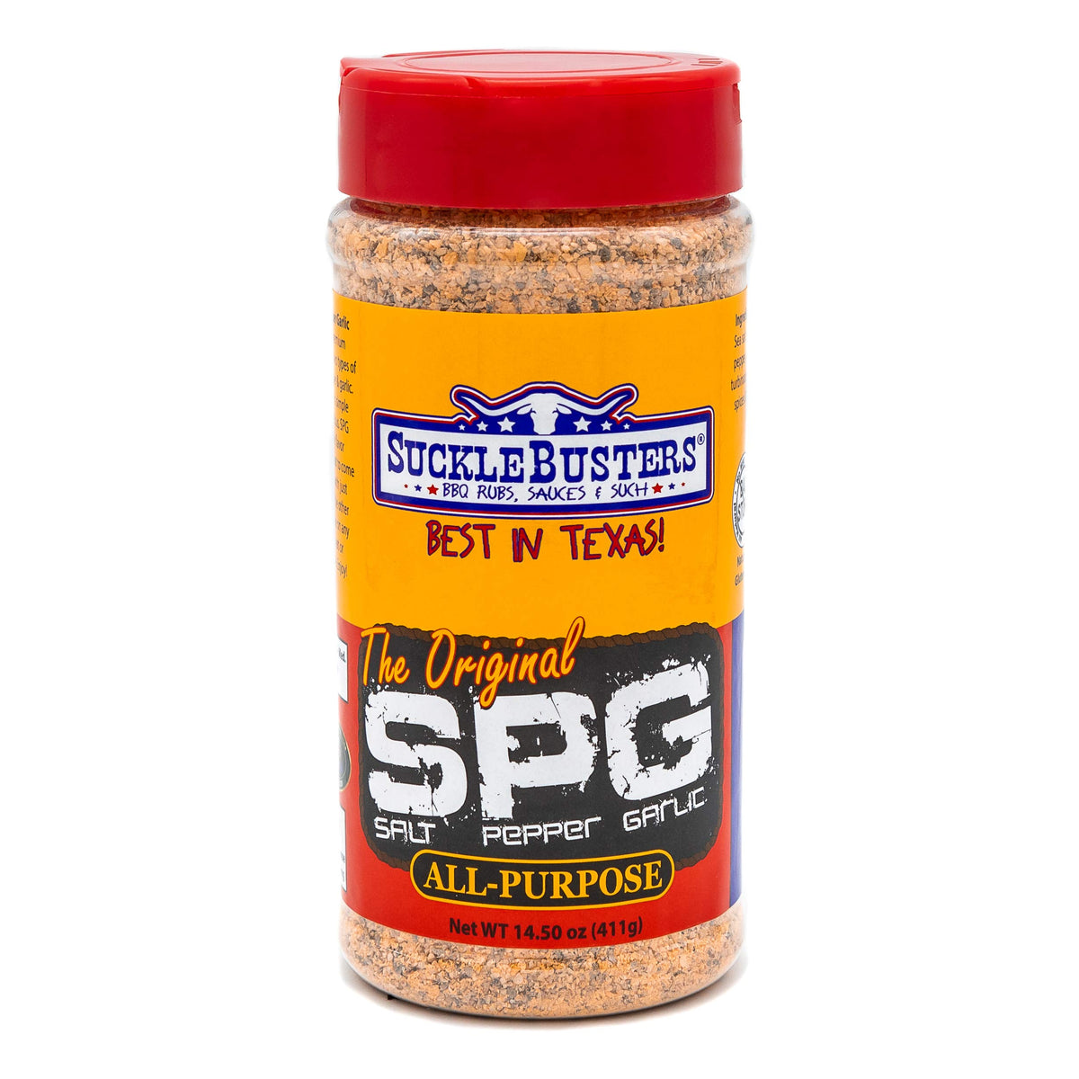 SuckleBusters Salt Pepper Garlic SPG bottle—ideal for grilling and smoking.