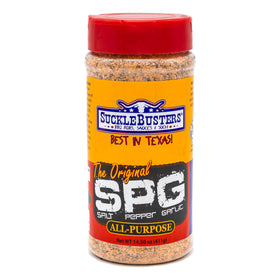 SuckleBusters Salt Pepper Garlic SPG bottle—ideal for grilling and smoking.