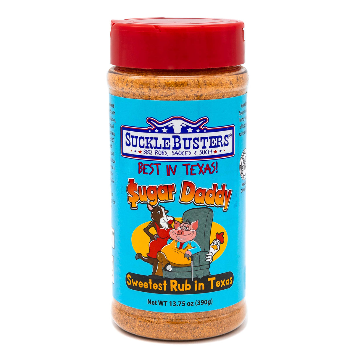 SuckleBusters Sugar Daddy Rub jar close-up, showcasing a mild gluten-free seasoning for pork and chicken