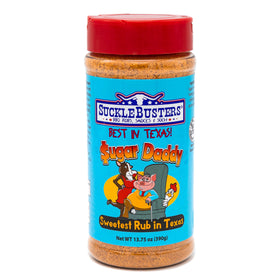 SuckleBusters Sugar Daddy Rub jar close-up, showcasing a mild gluten-free seasoning for pork and chicken