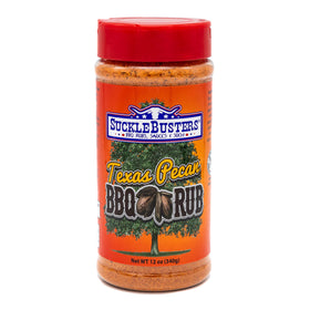 SuckleBusters Texas Pecan BBQ Rub bottle showing rich color and versatile pork and chicken seasoning.