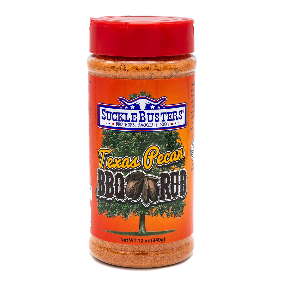 SuckleBusters Texas Pecan BBQ Rub bottle showing rich color and versatile pork and chicken seasoning.