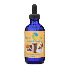 SucraDrops bottle with dropper for precise sugar-free sweetening in coffee