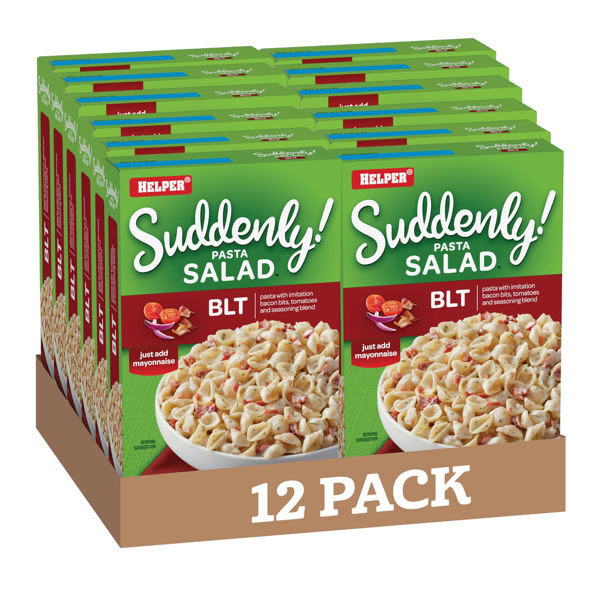 Suddenly Salad BLT pasta salad bowl ready to serve, easy weeknight side.