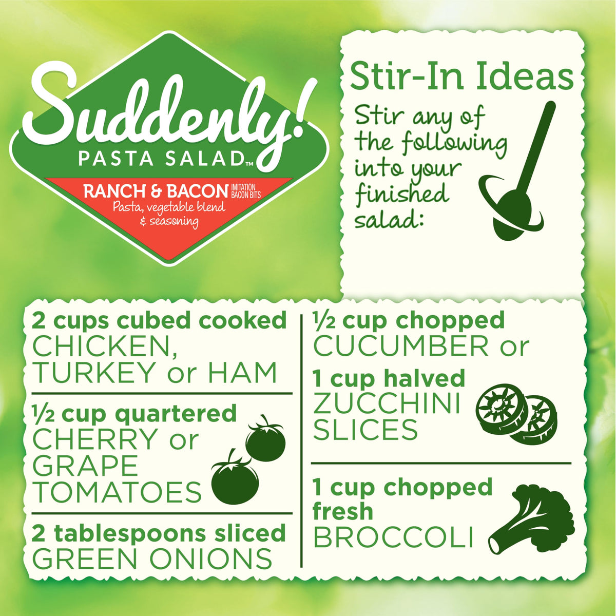 Suddenly Salad Ranch & Bacon ingredients close-up, colorful carrots and peas add crunch.