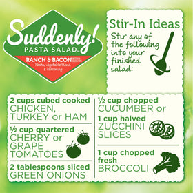 Suddenly Salad Ranch & Bacon ingredients close-up, colorful carrots and peas add crunch.