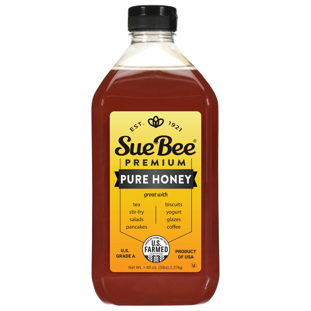 Sue Bee Honey 80oz bottle showcases premium USA Grade A quality for everyday use.