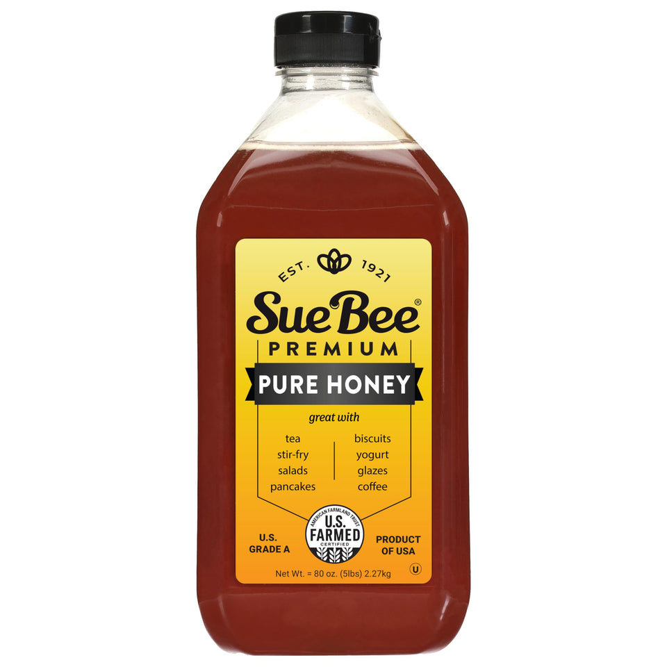 Sue Bee Honey 80oz bottle showcases premium USA Grade A quality for everyday use.
