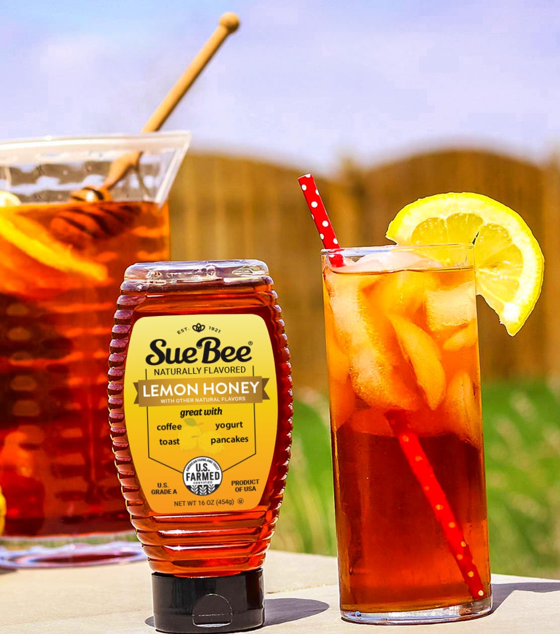 Sue Bee Lemon Honey upside-down bottle designed for mess-free pouring.