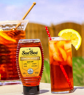 Sue Bee Lemon Honey upside-down bottle designed for mess-free pouring.