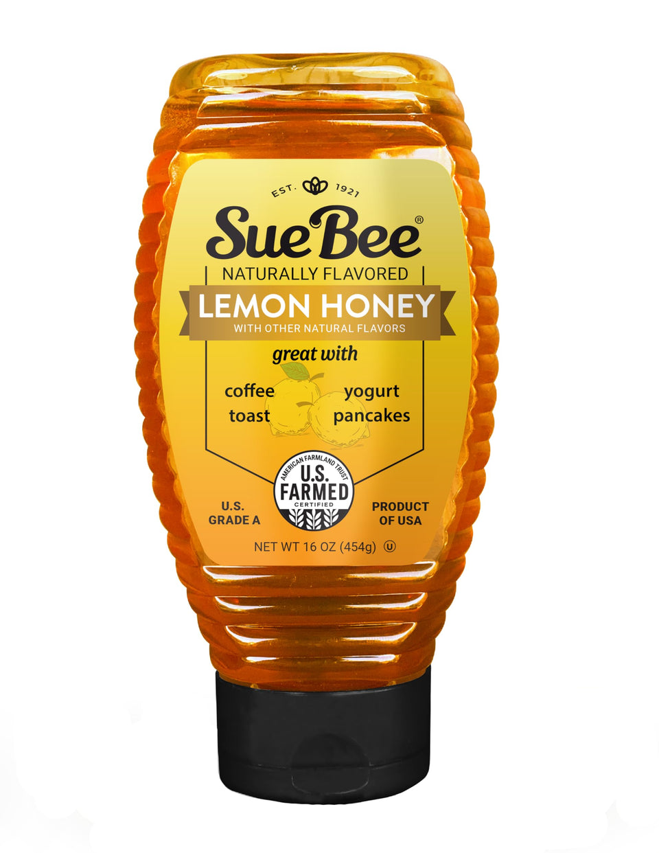 Sue Bee Lemon Honey bottle being poured for flavor enhancement.