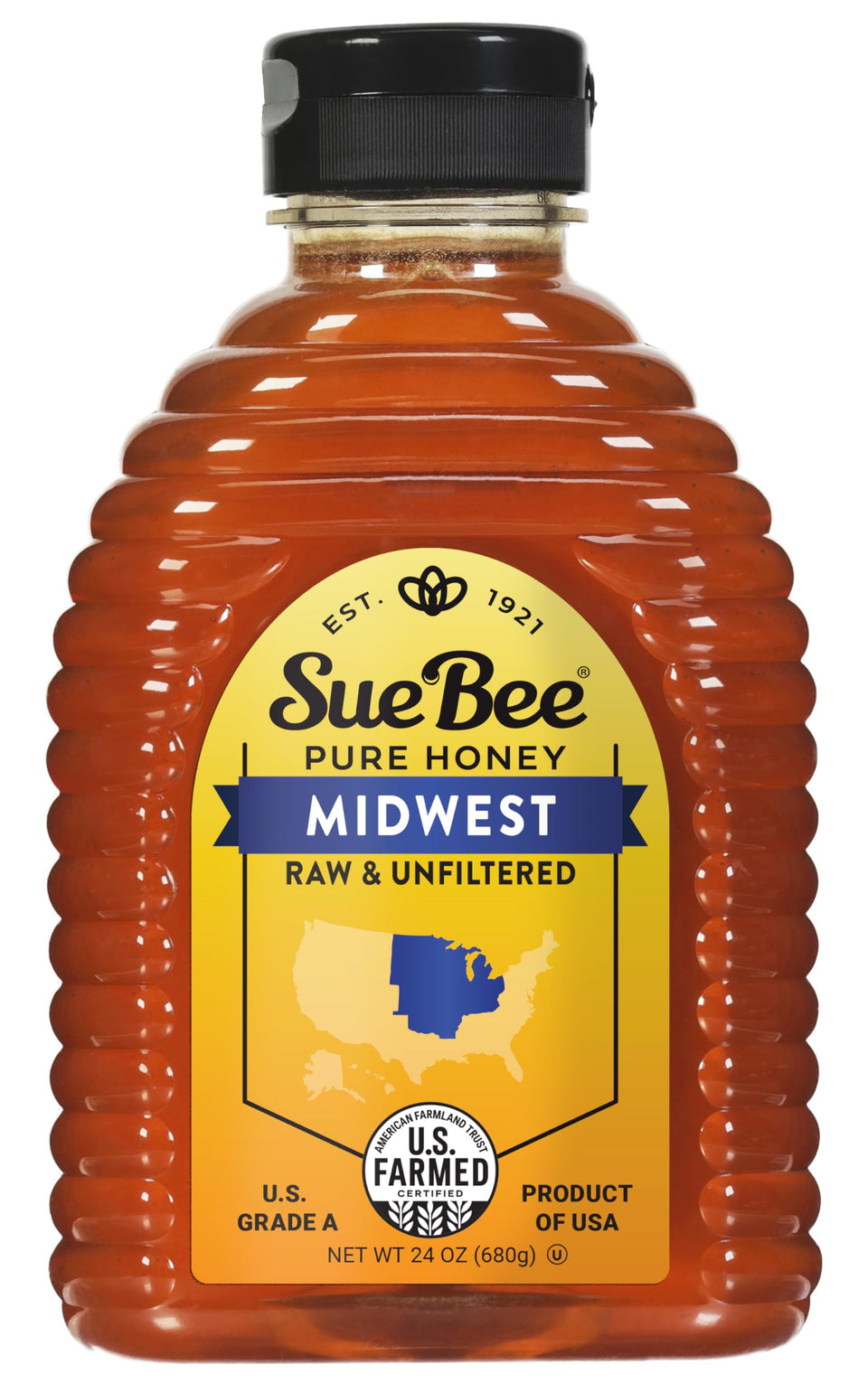 Sue Bee local Midwest honey bottle on the counter, a versatile natural sweetener.