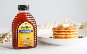 Sue Bee Local Southeast Honey bottle on counter ready for pantry use