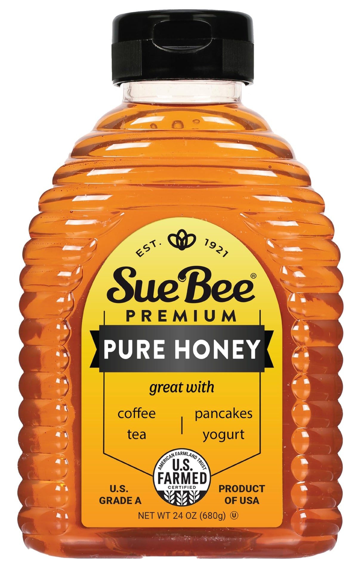 Sue Bee Pure Honey bottle showing Grade A quality for everyday baking.