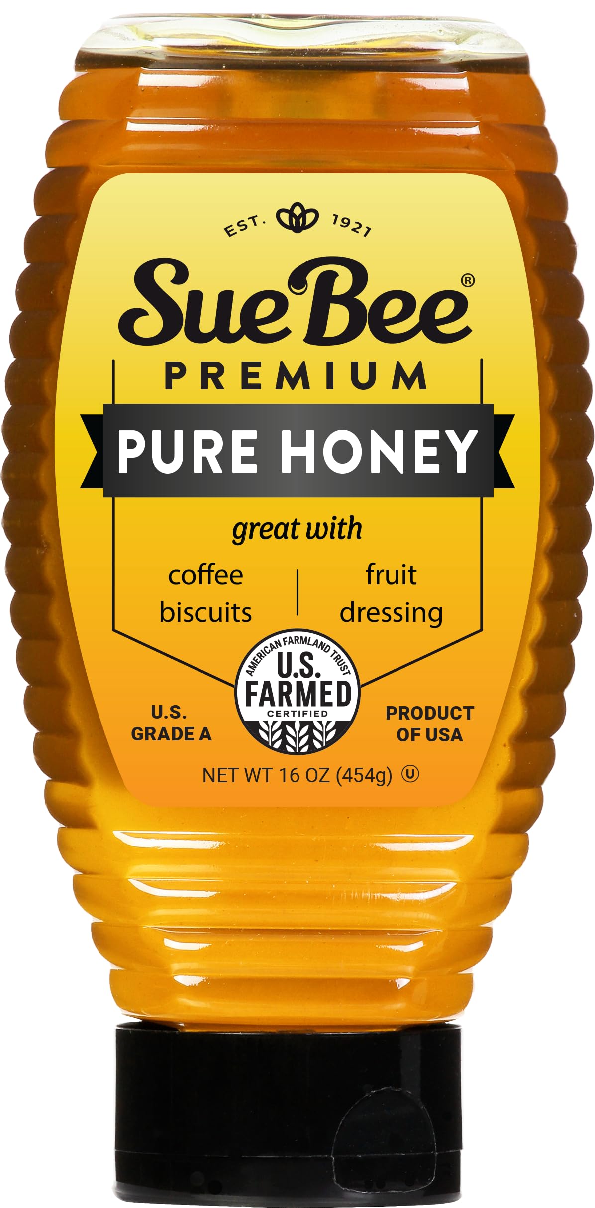 Sue Bee Pure Premium Honey jar shows U.S. Grade A quality for baking.