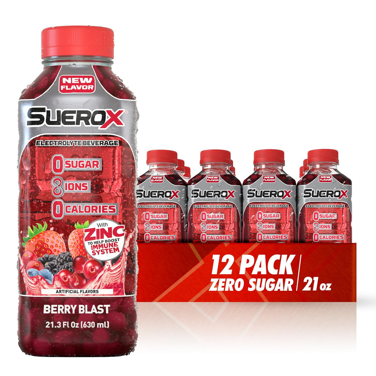 SueroX Berry Blast bottle showing zero sugar hydration and electrolyte balance.