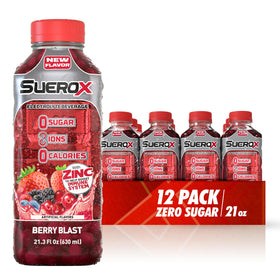 SueroX Berry Blast bottle showing zero sugar hydration and electrolyte balance.