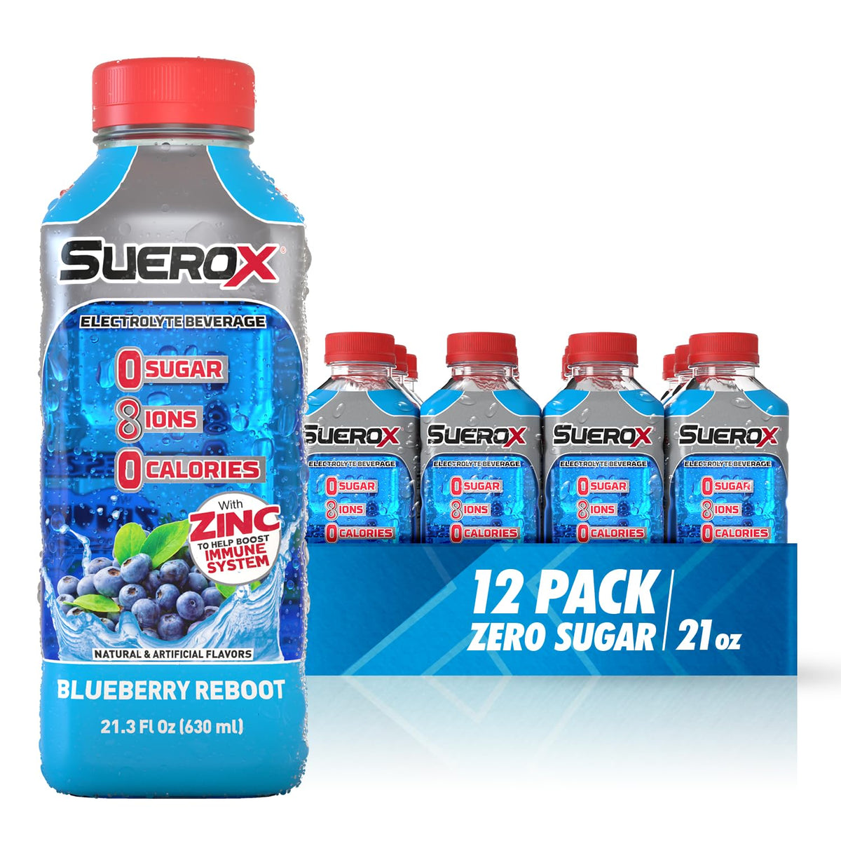 Suerox Blueberry bottle pour highlights zero sugar hydration for active days.